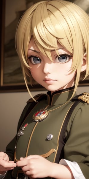 ((10year old girl:1.5)), 1girl, loli, petite girl, children's body, beautiful shining body,petite,beautiful girl with fine details,detailed face,
bangs,((blonde hair:1.3)),((very short hair:1.4)),
high eyes,(aquamarine eyes),tall eyes,Beautiful and delicate eyes,  Beautiful eyes,((tareme,animated eyes, big eyes,droopy eyes:1.2)),
military uniform,old german military uniform,
 whole body,natural light,
((realism: 1.2 )), dynamic far view shot,cinematic lighting, perfect composition, by sumic.mic, ultra detailed, official art, masterpiece, (best quality:1.3), reflections, extremely detailed cg unity 8k wallpaper, detailed background, masterpiece, best quality , (masterpiece), (best quality:1.4), (ultra highres:1.2), (hyperrealistic:1.4), (photorealistic:1.2), best quality, high quality, highres, detail enhancement,((manga like visual)),
,ahoge, shirt, closed mouth, military uniform, extremely delicate and beautiful, (beautiful detailed face:1.0), (detailed deep eyes), deep eyes,(dark shot:1.17), epic realistic, faded, ((neutral colors)), art, (hdr:1.5), (muted colors:1.2), hyperdetailed, (artstation:1.5), cinematic, warm lights, dramatic light, (intricate details:1.1), complex background, (rutkowski:0.8), (teal and orange:0.4),TanyavonDegurechaff