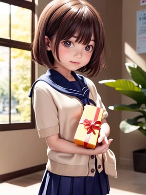 ((6year old girl:1.5)), loli, petite girl,  whole body, children's body, beautiful shining body, bangs,((brown hair:1.3)),high eyes,(brown eyes), petite,tall eyes, beautiful girl with fine details, Beautiful and delicate eyes, detailed face, Beautiful eyes,natural light,((realism: 1.2 )), dynamic far view shot,cinematic lighting, perfect composition, by sumic.mic, ultra detailed, official art, masterpiece, (best quality:1.3), reflections, extremely detailed cg unity 8k wallpaper, detailed background, masterpiece, best quality , (masterpiece), (best quality:1.4), (ultra highres:1.2), (hyperrealistic:1.4), (photorealistic:1.2), best quality, high quality, highres, detail enhancement,cute pussy, nsfw,((very short hair:1.4)),((holding gifts:1.4)),
((tareme,animated eyes, big eyes,droopy eyes:1.2)),Random poses,((embarrassed expression)),(( cardigan,school uniform, sailor uniform, navy pleated skirt:1.4)),Realism,school uniform