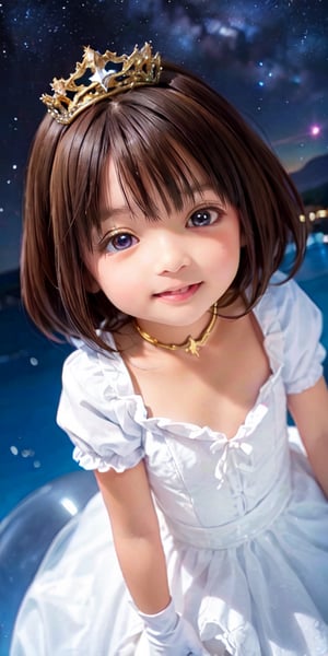 ((9year old girl:1.4)),1girl, beautiful shining body, bangs,((brown hair:1.3)),high eyes,(blue eyes), petite,tall eyes, beautiful girl with fine details, Beautiful and delicate eyes, detailed face, Beautiful eyes,((golden tiara with sapphire decoration)),((light blue gothic lolita ball gown:1.4)),((long skirt:1.4)),(( white neck ruffle, white frill)),((white tights)), blue shoes, ((white gloves with gold decoration)), natural light,((realism: 1.2 )), dynamic far view shot,cinematic lighting, perfect composition, by sumic.mic, ultra detailed, official art, masterpiece, (best quality:1.3), reflections, extremely detailed cg unity 8k wallpaper, detailed background, masterpiece, best quality , (masterpiece), (best quality:1.4), (ultra highres:1.2), (hyperrealistic:1.4), (photorealistic:1.2), best quality, high quality, highres, (short hair:1.4)),((tareme,animated eyes, big eyes,droopy eyes:1.2)),((Night sky, Milky Way, starry sky:1.4)),Upper Body,((Happiness, smile:1.2)),perfect,hand,animemia,outdoor,,((from above:1.4))