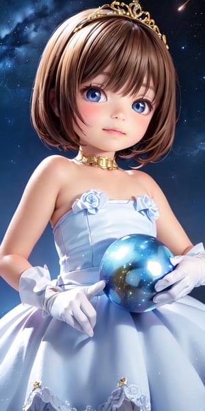 ((9year old girl:1.4)),1girl, beautiful shining body, bangs,((brown hair:1.3)),high eyes,(blue eyes), petite,tall eyes, beautiful girl with fine details, Beautiful and delicate eyes, detailed face, Beautiful eyes,((golden tiara with sapphire decoration)),((light blue gothic lolita ball gown:1.4)),((long skirt:1.4)),(( white neck ruffle, white frill)),((white tights)), blue shoes, ((white gloves with gold decoration)), natural light,((realism: 1.2 )), dynamic far view shot,cinematic lighting, perfect composition, by sumic.mic, ultra detailed, official art, masterpiece, (best quality:1.3), reflections, extremely detailed cg unity 8k wallpaper, detailed background, masterpiece, best quality , (masterpiece), (best quality:1.4), (ultra highres:1.2), (hyperrealistic:1.4), (photorealistic:1.2), best quality, high quality, highres, (short hair:1.4)),((tareme,animated eyes, big eyes,droopy eyes:1.2)),((Night sky, Milky Way, starry sky:1.4)),Upper Body,((Happiness, smile:1.2)),perfect,hand,animemia,outdoor,,((from above:1.4))