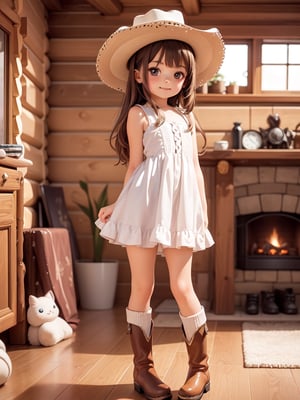 ((6 year old girl: 1.5)), 1 girl, loli, petite girl, complete anatomy, whole body, child's body, child, super cute, girl, little girl, beautiful girl, beautiful shining body, bangs, brown hair, back high eyes, (aquamarine eyes), droopy eyes, petite, tall eyes, beautiful girl with beautiful details, beautiful delicate eyes, detailed face, beautiful eyes, beautiful shining body, smile, happiness, full body angle, old days House in the American West,  Inside the Room,  Fireplace, ((western boots, Cowboy Hat: 1.5)),black belt,
((Realism: 1.2)), Dynamic long shots, Cinematic lighting, Perfect composition, Highly detailed, Official art, Masterpiece by Sumic.mic, (Top quality: 1.3), Reflections, Highly detailed CG Unity 8k Wallpaper, Detailed Background, Masterpiece , Best Quality, (Masterpiece), (Best Quality: 1.4), (Ultra High Resolution: 1.2), (Hyper Realistic: 1.4), (Photorealistic: 1.1), Best quality, high quality, high resolution, detail emphasis,((Log house room: 1.4)),masterpiece