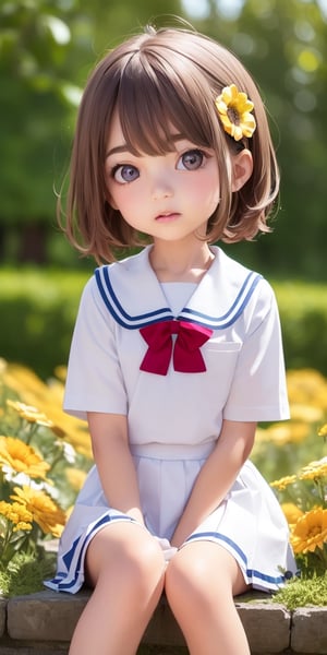 ((6year old girl:1.5)), ((Portrait)),1girl, loli, petite girl,  whole body, children's body, beautiful shining body, bangs,((darkbrown hair:1.3)),high eyes,(aquamarine eyes), petite,tall eyes, beautiful girl with fine details, ((Beautiful and delicate eyes,Beautiful eyes:1.4)), detailed face, natural light,((realism: 1.2 )), dynamic far view shot,cinematic lighting, perfect composition, by sumic.mic, ultra detailed, official art, masterpiece, (best quality:1.3), reflections, extremely detailed cg unity 8k wallpaper, detailed background, masterpiece, best quality , (masterpiece), (best quality:1.4), (ultra highres:1.2), (hyperrealistic:1.4), (photorealistic:1.2), best quality, high quality, highres, detail enhancement, ((very short hair:1.4)),
((tareme,animated eyes, big eyes,droopy eyes:1.2)),((random expression)),,random Angle,((school uniform:1.4)),((thick eyebrows:1.1)),perfect,((manga like visual)),((little girl with a bouquet of flowers:1.4)),perfect light