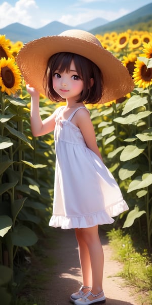 ((6year old girl:1.5)), 1 girl, loli, petite girl, complete anatomy, whole body, children's body, child, super cute, girl, little girl, beautiful girl, beautiful shining body, bangs,brown hair,high eyes,(aquamarine eyess), drooping eyes, petite,tall eyes, beautiful girl with fine details, Beautiful and delicate eyes, detailed face, Beautiful eyes, beautiful shining body, Smiles, happiness, ((one hat)), Whole body angle, Alps, Straw hat, white dress, sunflower field, outdoor, alpine meadow,alps, natural light,((realism: 1.2)), dynamic far view shot,cinematic lighting, perfect composition, by sumic.mic, ultra detailed, official art, masterpiece, (best quality:1.3), reflections, extremely detailed cg unity 8k wallpaper, detailed background, masterpiece, best quality, (masterpiece), (best quality:1.4), (ultra highres:1.2), (hyperrealistic:1.4), (photorealistic:1.2), best quality, high quality, highres, detail enhancement,