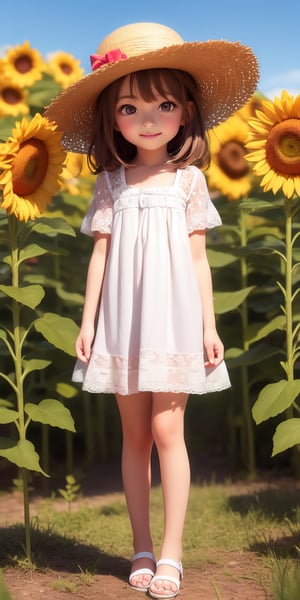 ((6year old girl:1.5)), 1 girl, loli, petite girl, complete anatomy, whole body, children's body, child, super cute, girl, little girl, beautiful girl, beautiful shining body, bangs,brown hair,high eyes,(aquamarine eyess), drooping eyes, petite,tall eyes, beautiful girl with fine details, Beautiful and delicate eyes, detailed face, Beautiful eyes, beautiful shining body, Smiles, happiness, ((one hat)), Whole body angle, Alps, Straw hat, white dress, sunflower field, outdoor, alpine meadow,alps, natural light,((realism: 1.2)), dynamic far view shot,cinematic lighting, perfect composition, by sumic.mic, ultra detailed, official art, masterpiece, (best quality:1.3), reflections, extremely detailed cg unity 8k wallpaper, detailed background, masterpiece, best quality, (masterpiece), (best quality:1.4), (ultra highres:1.2), (hyperrealistic:1.4), (photorealistic:1.2), best quality, high quality, highres, detail enhancement,