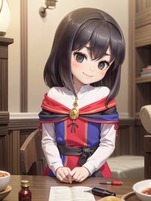 ((12 year old girl: 1.5)), black hair, short hair, perfect anatomy, girl, random pose, random angle, cabin room, lamp, beautiful glass bottle with red liquid on the desk, embroidery, ((Long dress: 1.4 )), National costume, Beautiful girl, Only daughter, Petite girl, Finest, Masterpiece, (Reality 1.2)), Petite, Bangs, (Dark eyes), Bangs, Beautiful girl with attention to detail , Beautiful girl with beautiful delicate eyes, detailed face, beautiful eyes, shining beautiful body, 8K image, ((portrait: 1.2)), Real, Kaoru, ((firm V-shaped eyebrows: 1.2)), (( Smile:1.1)), whole body, brown shoes