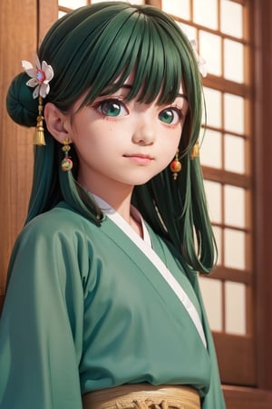 ((12year old girl:1.5)), loli, petite girl, Portrait, children's body, beautiful shining body, (( bangs)),high eyes,(brown eyes:1.4), petite,tall eyes, beautiful girl with fine details, Beautiful and delicate eyes, detailed face, Beautiful eyes,natural light,((realism: 1.2 )), dynamic far view shot,cinematic lighting, perfect composition, by sumic.mic, ultra detailed, official art, masterpiece, (best quality:1.3), reflections, extremely detailed cg unity 8k wallpaper, detailed background, masterpiece, best quality , (masterpiece), (best quality:1.4), (ultra highres:1.2), (hyperrealistic:1.4), (photorealistic:1.2), best quality, high quality, highres, detail enhancement, 
((tareme,animated eyes, big eyes,droopy eyes:1.2)),deformed Anime ,smirk,
1girl hair ribbon hair ornament, hanfu green shirt wide sleeves red skirt long skirt ,  indoors, east asian architecture,((hair ribbon hair ornament,bun)),((Portrait)),maomao,((Dark green hair:1.4)),
shangfu,lady in waiting,jinshi,[[[freckles]]]