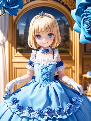 ((12year old girl:1.5)),1girl, loli, petite girl, Portrait, children's body, beautiful shining body, bangs,((blonde hair:1.3)),high eyes,(blue eyes), petite,tall eyes, beautiful girl with fine details, Beautiful and delicate eyes, detailed face, Beautiful eyes,((golden tiara with sapphire decoration)),((light blue gothic lolita ball gown:1.4)),((long skirt:1.7)),(( white neck ruffle, white frill)),((white tights)), blue shoes, ((white gloves with gold decoration)), natural light,((realism: 1.2 )), dynamic far view shot,cinematic lighting, perfect composition, by sumic.mic, ultra detailed, official art, masterpiece, (best quality:1.3), reflections, extremely detailed cg unity 8k wallpaper, detailed background, masterpiece, best quality , (masterpiece), (best quality:1.4), (ultra highres:1.2), (hyperrealistic:1.4), (photorealistic:1.2), best quality, high quality, highres, (short hair:1.4)),((tareme,animated eyes, big eyes,droopy eyes:1.2)),((cherry tree,cherry blossoms1.4)),((tsurime,v-shaped eyebrows,smirk:1.2)),,perfect,hand,animemia,outdoor,((Detailed rose, rose background, blue rose: 1.4))