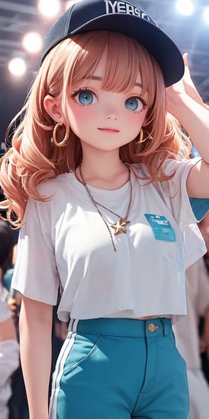 blue gradient hair(very long hair, curly_hair),long ponytail,hiphop dancer,wearing all black clothes (loose fit top and wide cargo pants),sneakers,accessories(necklace,ear_rings)baseball cap,   cowboy_shot,light pink_hair,brown hair,
((20 year old girl:1.4)),beautiful detailed eyes, complete anatomy, (realism: 1.2), beautiful girl with fine details, detailed face, beautiful shining body, 1 girl, (( aquamarine eyes, tall eyes, Big eyes)), random angles, bangs, detailed face, super detailed, perfect face, (highly detailed face:1.4), happiness, Best Quality, Masterpiece, Natural Light, (RAW Photo, Best Quality, Masterpiece: 1.2), Ray-traced reflections, photon mapping, ultra-high resolution, 16k images, depth of field,masterpiece,best quality,(complex light),((Disco, in the spotlight)), colored inner hair,((Crowd of people background))