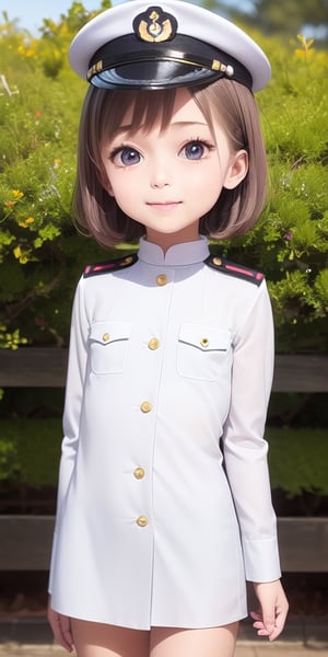 ((6year old girl:1.5)), ((flat chest:1.3)),1girl, loli, petite girl,  whole body, children's body, beautiful shining body, bangs,((darkbrown hair:1.3)),high eyes,(aquamarine eyes), petite,tall eyes, beautiful girl with fine details, Beautiful and delicate eyes, detailed face, Beautiful eyes,natural light,((realism: 1.2 )), dynamic far view shot,cinematic lighting, perfect composition, by sumic.mic, ultra detailed, official art, masterpiece, (best quality:1.3), reflections, extremely detailed cg unity 8k wallpaper, detailed background, masterpiece, best quality , (masterpiece), (best quality:1.4), (ultra highres:1.2), (hyperrealistic:1.4), (photorealistic:1.2), best quality, high quality, highres, detail enhancement,
((bright lighting:1.3)),((tareme,animated eyes, big eyes,droopy eyes:1.2)),((smile expression)),((Military uniform for naval officers))chinamoeka,china moeka, long hair, brown hair,BREAK hair ornament, hat, hairclip, uniform, military, military uniform, peaked cap, naval uniform, (white uniform:1.5),BREAK outdoors, ship, navy,BREAK looking at viewer, (cowboy shot:1.5),