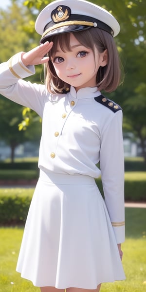 ((6year old girl:1.5)), ((flat chest:1.3)),1girl, loli, petite girl,  whole body, children's body, beautiful shining body, bangs,((darkbrown hair:1.3)),high eyes,(aquamarine eyes), petite,tall eyes, beautiful girl with fine details, Beautiful and delicate eyes, detailed face, Beautiful eyes,natural light,((realism: 1.2 )), dynamic far view shot,cinematic lighting, perfect composition, by sumic.mic, ultra detailed, official art, masterpiece, (best quality:1.3), reflections, extremely detailed cg unity 8k wallpaper, detailed background, masterpiece, best quality , (masterpiece), (best quality:1.4), (ultra highres:1.2), (hyperrealistic:1.4), (photorealistic:1.2), best quality, high quality, highres, detail enhancement,
((bright lighting:1.3)),((tareme,animated eyes, big eyes,droopy eyes:1.2)),((smile expression)),((Military uniform for naval officers))chinamoeka,china moeka, long hair, brown hair,BREAK hair ornament, hat, hairclip, uniform, military, military uniform, peaked cap, naval uniform, (white uniform:1.5),BREAK outdoors, ship, navy,BREAK looking at viewer, (cowboy shot:1.5),,((salute pose:1.4)),((white Tight skirt:1.3))