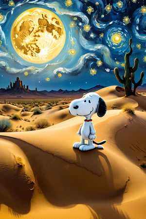 ((1dog,Snoopy)),  Masterpiece, Top Quality, Super Detailed Wallpaper, Turner features high quality, detailed cosmic colors of Vincent van Gogh's Starry Night with Salvador Dali's surreal celestial precision , reflecting a touch of atmosphere and blurring the line with reality.  Fantasy and starry skies,((desert and dune views:1.4)),
  Small eyes, black ears, ild,chibi emote style