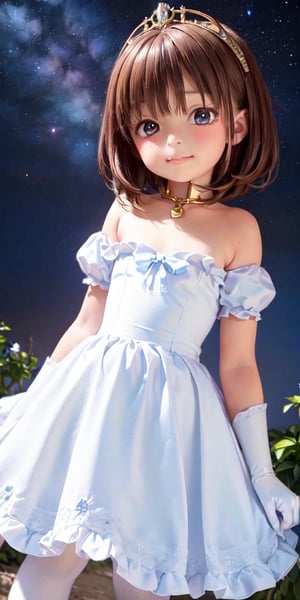 ((9year old girl:1.4)),1girl, beautiful shining body, bangs,((brown hair:1.3)),high eyes,(blue eyes), petite,tall eyes, beautiful girl with fine details, Beautiful and delicate eyes, detailed face, Beautiful eyes,((golden tiara with sapphire decoration)),((light blue gothic lolita ball gown:1.4)),((long skirt:1.4)),(( white neck ruffle, white frill)),((white tights)), blue shoes, ((white gloves with gold decoration)), natural light,((realism: 1.2 )), dynamic far view shot,cinematic lighting, perfect composition, by sumic.mic, ultra detailed, official art, masterpiece, (best quality:1.3), reflections, extremely detailed cg unity 8k wallpaper, detailed background, masterpiece, best quality , (masterpiece), (best quality:1.4), (ultra highres:1.2), (hyperrealistic:1.4), (photorealistic:1.2), best quality, high quality, highres, (short hair:1.4)),((tareme,animated eyes, big eyes,droopy eyes:1.2)),((Night sky, Milky Way, starry sky:1.4)),Upper Body,((Happiness, smile:1.2)),perfect,hand,animemia,outdoor,,((from above:1.4))