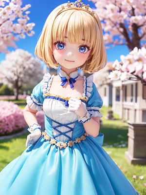 ((12year old girl:1.5)),1girl, loli, petite girl, Portrait, children's body, beautiful shining body, bangs,((blonde hair:1.3)),high eyes,(blue eyes), petite,tall eyes, beautiful girl with fine details, Beautiful and delicate eyes, detailed face, Beautiful eyes,((golden tiara with sapphire decoration)),((light blue gothic lolita ball gown:1.4)),((long skirt:1.7)),(( white neck ruffle, white frill)),((white tights)), blue shoes, ((white gloves with gold decoration)), natural light,((realism: 1.2 )), dynamic far view shot,cinematic lighting, perfect composition, by sumic.mic, ultra detailed, official art, masterpiece, (best quality:1.3), reflections, extremely detailed cg unity 8k wallpaper, detailed background, masterpiece, best quality , (masterpiece), (best quality:1.4), (ultra highres:1.2), (hyperrealistic:1.4), (photorealistic:1.2), best quality, high quality, highres, (short hair:1.4)),((tareme,animated eyes, big eyes,droopy eyes:1.2)),((cherry tree,cherry blossoms1.4)),((tsurime,v-shaped eyebrows,smirk:1.2)),(Cherry blossom background in full bloom:1.4)),perfect,hand,((Tearmoon Empire Story)),((Mia Luna Tier Moon)),animemia,outdoor