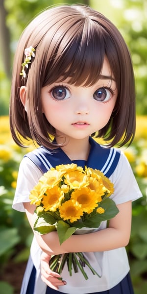 ((6year old girl:1.5)), ((Portrait)),1girl, loli, petite girl,  whole body, children's body, beautiful shining body, bangs,((darkbrown hair:1.3)),high eyes,(aquamarine eyes), petite,tall eyes, beautiful girl with fine details, ((Beautiful and delicate eyes,Beautiful eyes:1.4)), detailed face, natural light,((realism: 1.2 )), dynamic far view shot,cinematic lighting, perfect composition, by sumic.mic, ultra detailed, official art, masterpiece, (best quality:1.3), reflections, extremely detailed cg unity 8k wallpaper, detailed background, masterpiece, best quality , (masterpiece), (best quality:1.4), (ultra highres:1.2), (hyperrealistic:1.4), (photorealistic:1.2), best quality, high quality, highres, detail enhancement, ((very short hair:1.4)),
((tareme,animated eyes, big eyes,droopy eyes:1.2)),((random expression)),,random Angle,((school uniform:1.4)),((thick eyebrows:1.1)),perfect,((manga like visual)),((little girl with a bouquet of flowers:1.4)),perfect light