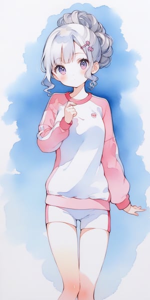 (finely best quality illustration:1.2), (kawaii girl:1.1), (1girl, solo:1), coquettish skin,  watercolor painting, pencil drawing,
very wide shot, 
silver hair, wavy hair, hair pin, hair up,

Gym clothes long sleeve jersey cute girls sports,