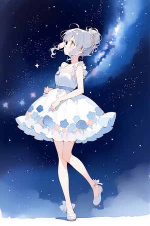 (finely best quality illustration:1.2), (kawaii girl:1.1), (1girl, solo:1), coquettish skin,  watercolor painting, pencil drawing,

silver hair, wavy hair, hair pin, hair up,
full body, 

starry sky, milky way, looking up,