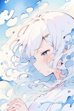 (finely best quality illustration:1.2), (kawaii girl:1.1), (1girl, solo:1), coquettish skin,  watercolor painting, pencil drawing,

silver hair, wavy hair, hair pin, 

Liquid flowing background, profile, wind, complex expressions, tears,