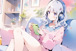 (finely best quality illustration:1.2), (kawaii girl:1.1), (1girl, solo:1), coquettish skin,  watercolor painting, pencil drawing,

silver hair, wavy hair, hair pin, 

Pop, fancy, sofa, mellow, room, coffee, headphones, smartphone, room fair,