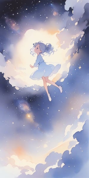 (finely best quality illustration:1.2), (kawaii girl:1.1), (1girl, solo:1), coquettish skin,  watercolor painting, pencil drawing,
very wide shot, 
silver hair, wavy hair, hair pin, hair up,
full body, 

starry sky, milky way, looking up,