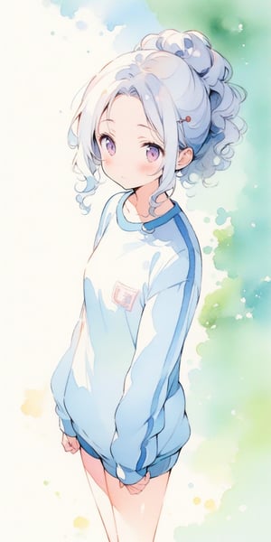 (finely best quality illustration:1.2), (kawaii girl:1.1), (1girl, solo:1), coquettish skin,  watercolor painting, pencil drawing,
very wide shot, 
silver hair, wavy hair, hair pin, hair up,

Gym clothes long sleeve jersey cute girls sports,