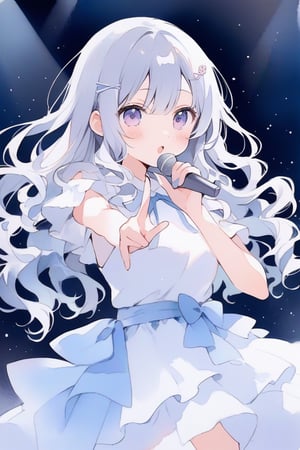 (finely best quality illustration:1.2), (kawaii girl:1.1), (1girl, solo:1), coquettish skin,  watercolor painting, pencil drawing,

silver hair, wavy hair, hair pin, 

japanese idol woman singing in concert, long hair, white dress ,make a peace sign,