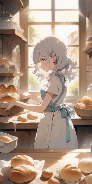 (finely best quality illustration:1.2), (kawaii girl:1.1), (1girl, solo:1), coquettish skin, watercolor painting, pencil drawing, 
silver hair, wavy hair, hair pin,

Characters wearing aprons and baker’s outfits, background of a warm bakery interior, wooden counter and shelves lined with various breads, setting in a French countryside, soft morning sunlight streaming through the window, scenes of kneading dough and taking freshly baked bread out of the oven, warm and inviting atmosphere