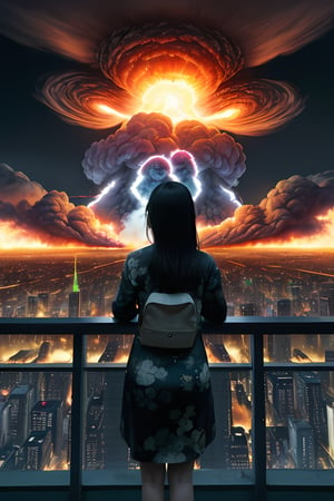 1 asian female looking beyond, future city, city burning, 1 nuclear explosion in city 