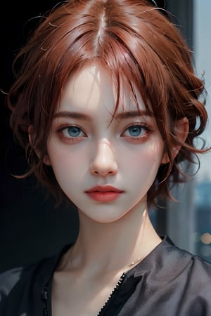 a 30 yo woman, red hair, short hair,  blueeyes, (hi-top fade:1.3), dark theme, soothing tones, muted colors, high contrast, (natural skin texture, hyperrealism, soft light, sharp), background tokyo city,tokyo ,sexy,Tower,Detailedface