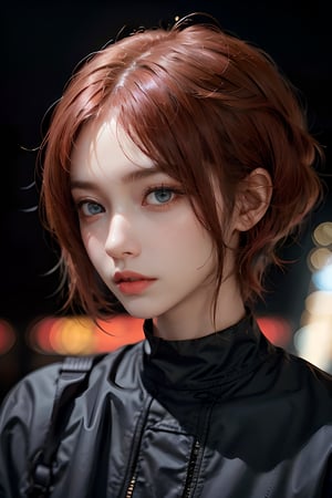 full body,a 30 yo woman, red hair, short hair,  blueeyes, (hi-top fade:1.3), dark theme, soothing tones, muted colors, high contrast, (natural skin texture, hyperrealism, soft light, sharp), background tokyo city,tokyo ,sexy,Tower,Detailedface