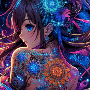 (insanely detailed:1.5), (high quality:1.5), ultra-detailed, best quality, incredibly absurdres, sense of depth, super fine illustration, 8k wallpaper, (photo background:1.3) BREAK Ultra-high definition, ultra-high quality, ultra-high color saturation, semi-photorealistic, detailed tattoo art. An anime-style girl with a neon-colored tattoo on her back. Colorful, vivid, clear and beautiful anime tattoos. zentangle