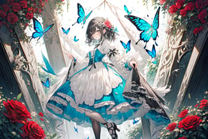 (Gray eyes, black hair, medium hair, wavy hair, small breasts, 1girl), full body, blushing,alice in wonderland,butterfly, feather, roses, laces, ribbons,