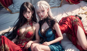 (best quality,4k,8k,highres,masterpiece:1.2) 1 couple of girl are 
leaning back against each other. The left girl have black hair and red eyes, she wearing red dress. The right girl have white hair, she wearing blue dress and have blue eyes.
