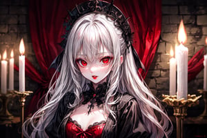 (better extreme quality lighting illustration), extremely detailed, detailed eyes, 1girl (vampire), long white hair, red eyes, red lips, small breasts, wearing medieval clothing, close up, rustic castle background scene, illuminated by candles, a supernatural horror film lighting giving a cinematic tone.