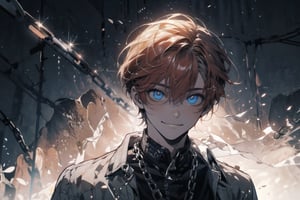 One boy(adult male), red hair, blue crazy eyes, smile, masterpieces (masterpiece :1.1), best quality, high quality, chlotes( black chlotes (chlotes :1.2), chains), background (prison, little light from top, chains on the wall, sing where write (dangerous) high sun)