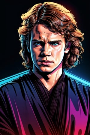 An illustration of Anakin Skywalker in the style of retro synthwave art, glow, rots, episode3, revengeofthesith