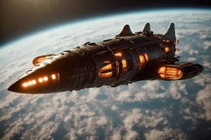 (best quality, high quality):1.25, ultrarealistic, reflective rocket-shaped spaceship floating in deep space, dark, black hole, small nebula, perfect picture composition, 3d art, retro futuristic theme, epic, dramatic, bloom, glow, flat colors, orange color shift, macrodimensional, ultra detailed, 3d, high quality physics-based rendering, CG, CGI, ray-tracing, ambient occlusion, antialiased, FXAA, DonMASKTexXL,DonMC3l3st14l3xpl0r3rsXL,EpicSky,DonMn1ghtm4reXL