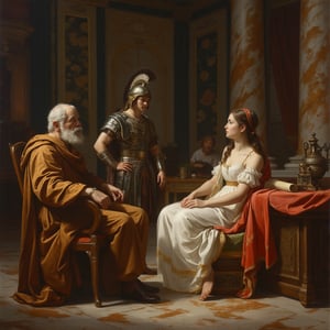 A neoclassical style painting of three figures in an ornate interior setting. In the foreground, an elderly man in brown robes sits on a wooden chair, while a young warrior in Roman armor with a plumed helmet stands behind him. Across a decorative table, a young woman in flowing white Greek dress with gold trim reclines on red drapery. Classical architecture with marble columns and floor tiles in the background. Dramatic side lighting creating chiaroscuro effect. Oil painting style with rich colors and smooth brushwork. The scene appears to be set in Ancient Rome or Greece. On the table are small objects including a scroll and a decorative urn. 4k, highly detailed, masterwork quality, in the style of Jacques-Louis David.