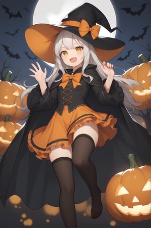 score_9, score_8_up, score_7_up, 1girl, solo, witch_hat, hat, long_hair, bandage_over_one_eye, black_thighhighs, open_mouth, halloween, smile, white_hair, striped, fang, skirt, cape, frills, frilled_sleeves, jack-o'-lantern, looking_at_viewer, orange_bow, orange_skirt, :d, yellow_eyes, halloween_costume, black_headwear, frilled_skirt, long_sleeves, wide_sleeves, white_background, detached_sleeves, black_cape, bangs, hat_bow, shirt, black_shirt, feet, full_body