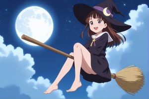 1girl, broom, barefoot, broom_riding, hat, solo, brown_hair, sky, one_eye_closed, witch_hat, night, moon, witch, open_mouth, smile, night_sky, full_moon, cloud, star_(sky), purple_eyes, dress, long_hair, kagari_atsuko, starry_sky, long_sleeves, full_body, toes, feet, black_dress, ;d, flying, anime screencap