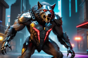 cyberpunk style, 5 werewolf, 5 muscular werewolf, robot werewolf wolf, Hi-Tech cybernetic werewolf wolf body, Hi-Tech glowing, full armor, sharp clows, full bodies, black cloak, each color, Castle scene,