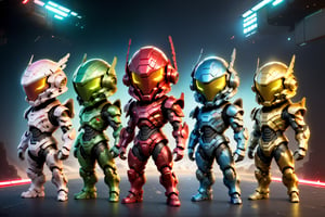 chibi, full body, 5boys, standing, funny pose, intricate detailed 5 colours armored and helmet, red, green, blue, yellow, pink, black, white, futuristic tech, modern technologic, same body size, full face mask, tech filigrane, fullbody_view, space background,chibi style,3d style,mecha,cyberpunk style