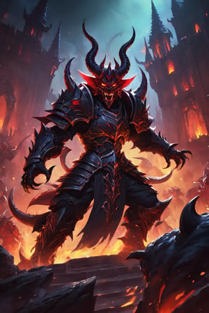 (masterpiece, top quality, best quality, official art, beautiful and aesthetic), 1boy, male, fully armored, masked, blood magic, dancing, happy, draconic armor, red and black color scheme, glowing eyes, red demonic horns, demon god, demon king, red eyes, epic, demonic halo, (dynamic angle), abyssal, splash art, highest definition, dark background, gradient background, hell castle scene, lot of monster watching while he dancing,