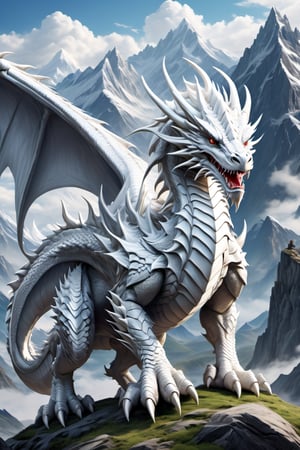 full body shot of a giant white dragon, wearing full armor, mountains background, HD, masterpiece, best quality, hyper detailed, ultra detailed,