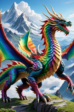 full body shot of a giant rainbow dragon, wearing full armor, mountains background, HD, masterpiece, best quality, hyper detailed, ultra detailed,