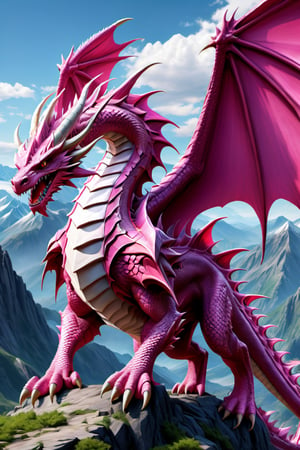 full body shot of a giant pink dragon, wearing full armor, mountains background, HD, masterpiece, best quality, hyper detailed, ultra detailed,