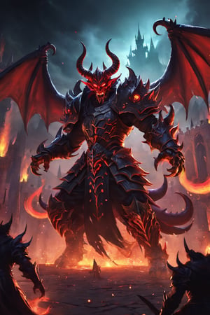 (masterpiece, top quality, best quality, official art, beautiful and aesthetic), 1boy, male, fully armored, masked, blood magic, dancing, happy, draconic armor, red and black color scheme, glowing eyes, red demonic horns, demon god, demon king, red eyes, epic, demonic halo, (dynamic angle), abyssal, splash art, highest definition, dark background, gradient background, hell castle scene, lot of monster watching while he dancing,