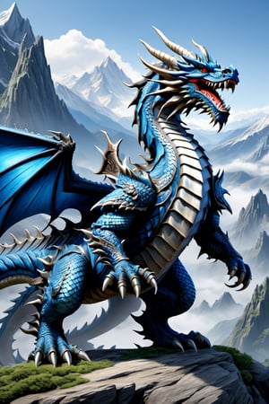 full body shot of a giant blue dragon, wearing full armor, mountains background, HD, masterpiece, best quality, hyper detailed, ultra detailed,