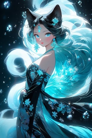 beautiful fur, body, full body, furry skin, fantasy, subsurface scattering, perfect anatomy, glow, bloom, bioluminescent liquid, chinese style, cinematic still,, (masterpiece, top quality, best quality, official art , beauty and aesthetics: 1.2), (1 girl), extremely detailed, (abstract, fractal art: 1.3), colorful hair, most detailed, detailed eyes, snowflakes, ice crystals, light particles, black cat girl, baby face, Perfect body, five fingers, perfect hands, anatomically perfect body, sexy pose, (aqua eyes), (black hair), long straight hair, (black fur strapless kimono), barefoot, cat, dance Pose, Dynamic Angle, Depth of Field, Super Detailed, Highly Detailed, Beautiful, Small Detail, Super Detailed, Best Quality, 4k, (Full Body), Civet Pendant, Mythical Cloud