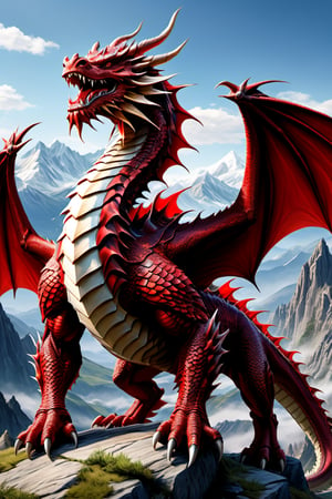 full body shot of a giant red dragon, wearing full armor, mountains background, HD, masterpiece, best quality, hyper detailed, ultra detailed,