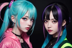 2 persons, couples, a close up of colorful hair and a black background, anime style mixed with fujifilm, anime vibes, dreamy colorful cyberpunk colors, ufotable art style, colorful and dark, colorful aesthetic, hyper colorful, anime styled digital art, anime style. 8k, anaglyph effect ayami kojima, anime style 4 k, neon and dark